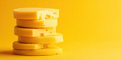 Slices of cheese stacked on a vibrant yellow background showcasing a fresh and appetizing presentation photo