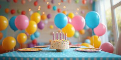 Festive birthday party with colorful balloons and a decorated cake in a cheerful indoor setting photo