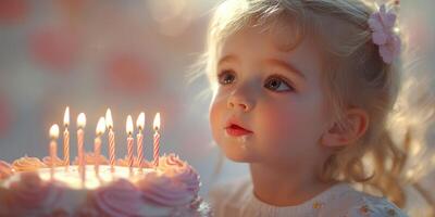 Young child looks at birthday cake with candles, celebrating a memorable moment during an afternoon party at home photo