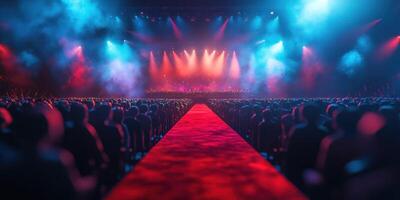 Large crowd gathered at a concert venue with a vibrant stage illuminated by colorful lights photo