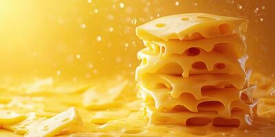 Layers of melting cheese create a delicious display against a warm, golden backdrop with droplets of moisture photo