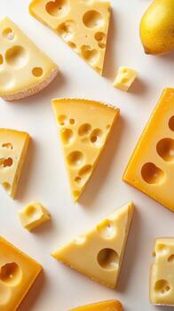 Yellow cheese varieties arranged artfully with pear on a white background showcasing different shapes and sizes photo