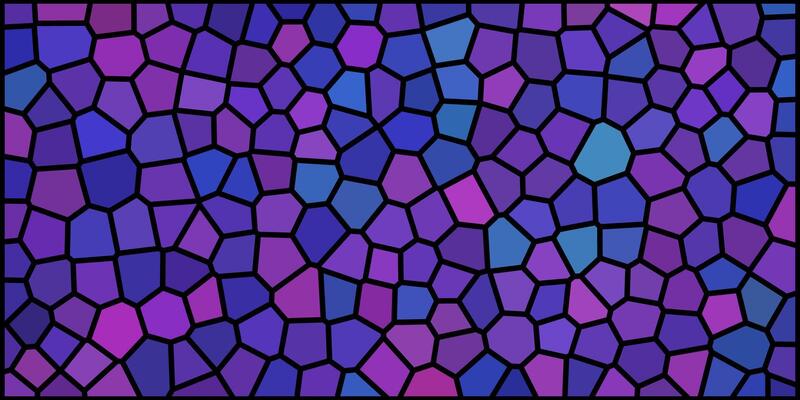 A vibrant stained glass-style mosaic pattern with irregular polygonal shapes in shades of blue, purple, and black outlines.