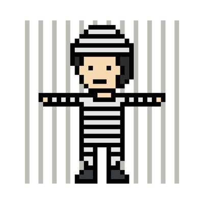 Pixel art game concept man in jail prisoner male in prison 8 bit robber character.