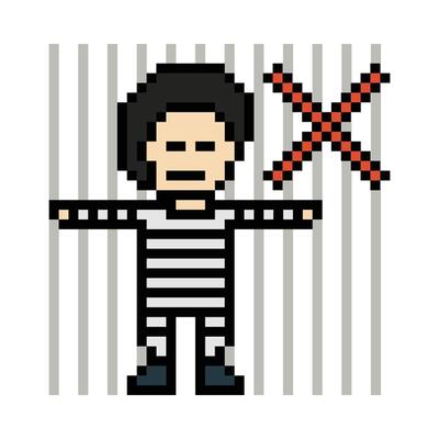 Cartoon with game concept man in jail prisoner male in prison 8 bit robber male boy.