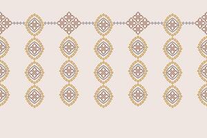 Ethnic pattern fabric design brown cream color background motif cross stitch. vector