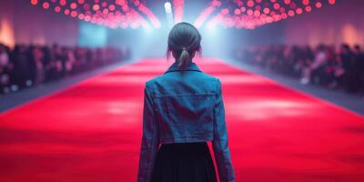 Fashion event features a young woman walking towards a dazzling runway illuminated by vibrant lights photo