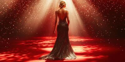 Elegant figure in a sparkling gown walking confidently in a captivating spotlight at a glamorous event photo