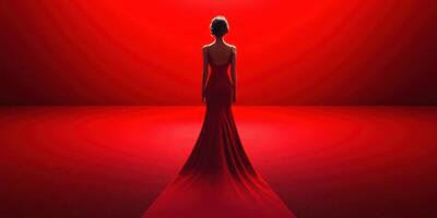 Elegant woman in red gown standing against vibrant red backdrop for dramatic effect at evening event photo