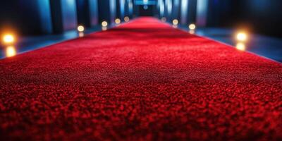 Red carpet leading to a dramatic entrance illuminated by soft lights during an evening event photo