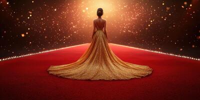 Elegant woman in a golden gown on a red carpet during an evening event with bright lights and sparkles photo