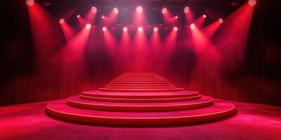 Stage with illuminated red lights and steps for a performance in a theater setting photo