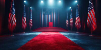 Red carpet setting with American flags in preparation for a political event photo
