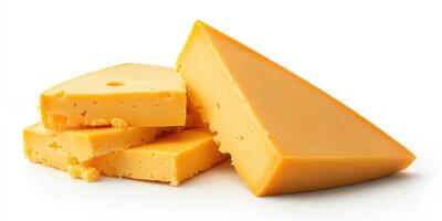 Cheddar cheese blocks and pieces arranged on a white background for culinary use and presentation in various dishes and recipes photo