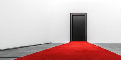 Elegant entrance with a red carpet leading to a black door in a minimalistic indoor space photo