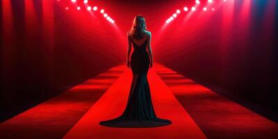Elegant figure walks the runway under vibrant red lights during a fashion show in an upscale venue in the evening photo
