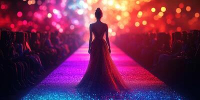 Fashion model walks down a colorful runway during a vibrant fashion show in an urban setting at night photo