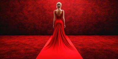 Elegant woman in a flowing red gown walks down a vibrant red carpet in an artistic setting photo