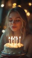 Celebrating a birthday with a lit cake and a joyful moment captured at night photo