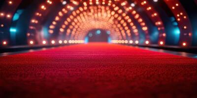 Elegant red carpet leading to bright lit archway in a glamorous event venue at night photo