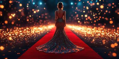Elegant figure in stunning gown standing on red carpet surrounded by sparkling lights at a glamorous evening event photo