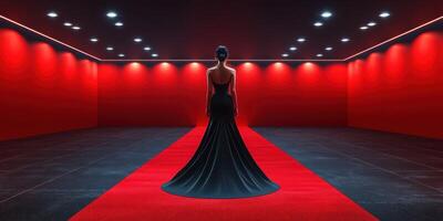 Elegant woman in black gown stands in spotlight on red carpet in minimalist gallery setting with striking red walls and dramatic lighting photo