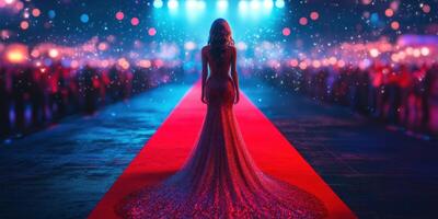 Glamorous fashion event in a vibrant outdoor setting at night with red carpet and bright lights photo