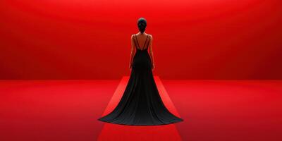 Elegant woman stands in a long black gown against a striking red backdrop, capturing a moment of high fashion and artistry photo