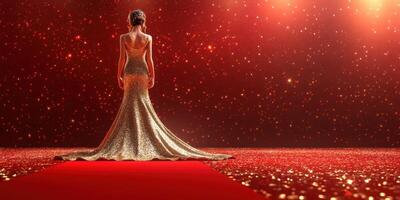 Woman in glamorous golden gown walks the red carpet at a prestigious awards event with sparkling background photo