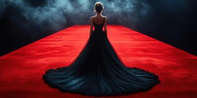 Elegant woman in a flowing black gown posing on a striking red carpet under dramatic lighting photo