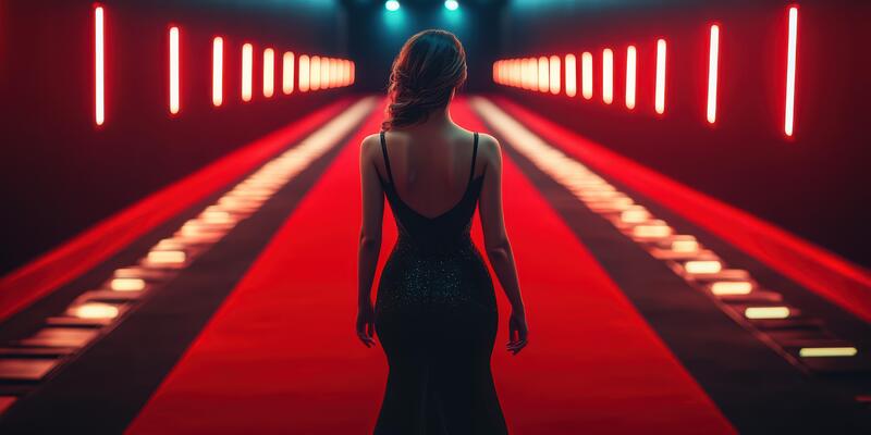 Elegant woman walks down red carpet in modern venue with striking lighting effect during evening event