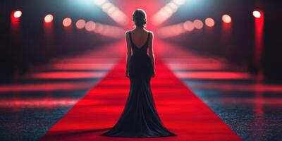 Elegant woman in a black gown preparing to walk down a red carpet at a glamorous event in an illuminated hall photo
