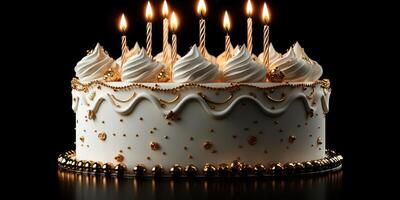 Celebration cake with glowing candles and ornate decorations at a festive gathering photo