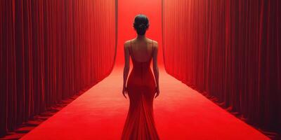 Elegant figure in a red dress walking through a dimly lit, red curtain corridor during an evening event photo