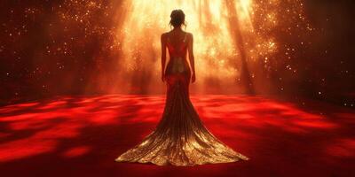 Elegant woman in shimmering gown stands under golden lights in a dramatic setting during an evening event photo
