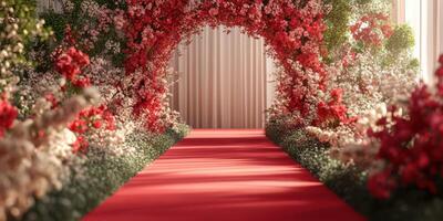 Beautiful floral archway leads to a vibrant red carpet at an elegant event in a well-decorated venue photo