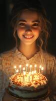 Young girl joyfully celebrating her birthday with a decorated cake full of candles during an evening gathering photo