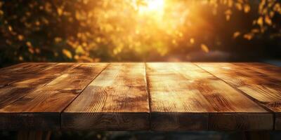 Sunlight gleams on a rustic wooden table surrounded by autumn foliage in a serene outdoor setting during golden hour photo