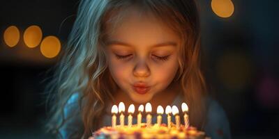 Girl blows out birthday candles on a colorful cake during evening celebration at home with family and friends photo