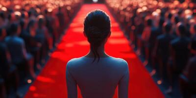 Crowd watches a performer on a red carpet during a nighttime event at an indoor venue photo