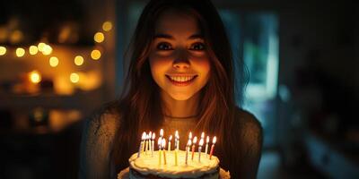 Celebrating a joyful birthday with cake and candles in a cozy atmosphere photo