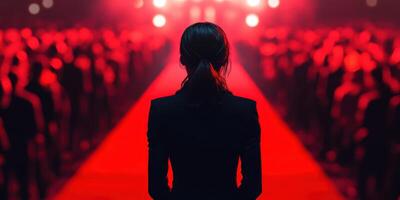 Crowd watches performer on red runway during dramatic event at night photo