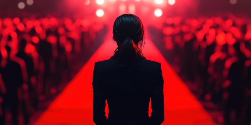 Crowd watches performer on red runway during dramatic event at night