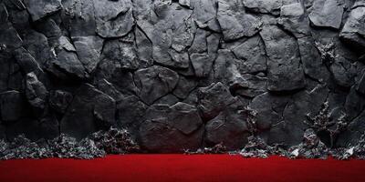 Textured black stone wall with red carpet backdrop for dramatic settings or creative displays photo