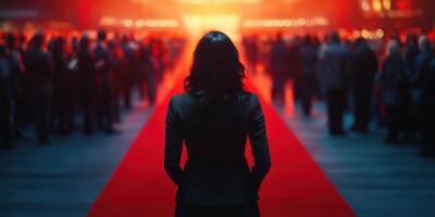 Elegant woman stands on red carpet at glamorous event during evening with audience in soft focus photo