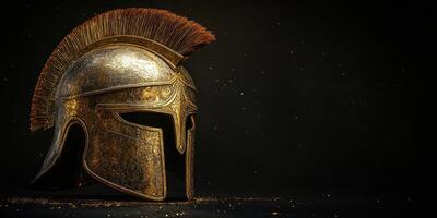 Ancient warrior helmet with gold finish displayed against a dark background highlighting its intricate details and historical significance photo
