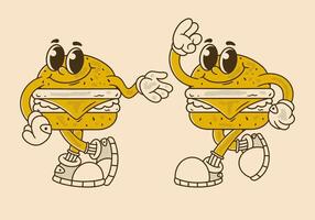 Happy burger mascot character with two pose, in retro colors vector