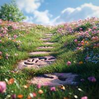 Scenic Pathway with Stone Steps and Wildflowers photo