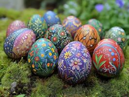 Hand-Painted Easter Eggs on Moss photo