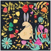 A whimsical rabbit surrounded by colorful flowers and vines against a dark background, embodying a playful and vibrant garden scene. It could be used as a wallpaper, fabric design or other elements vector